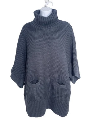 J. Crew Black Turtleneck Chunky Fisherman Poncho Pockets Buttons Women Large - Image 1 of 4