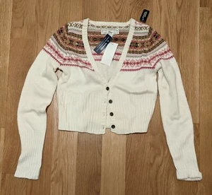 NWT Gap Kids Sz L 10 Winter White Brown Pink Fair Isle Cardigan Sweater Crop - Picture 1 of 2