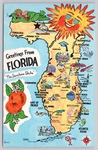 Mapa pictórico del estado de Florida, monumentos y atracciones, postal vintage - Imagen 1 de 2