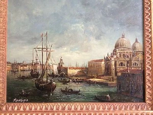 Great orig. 20thC signed Renfigo Venice Harbor Canal Oil / Board Pro. Framed - Picture 1 of 10