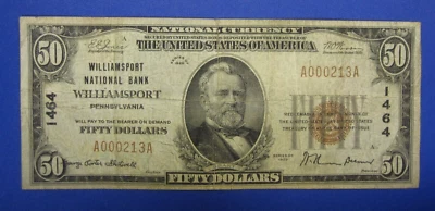 1929 $50 National Currency~ Williamsport National Bank, Williamsport, PA~ Low SN - Image 1 of 2