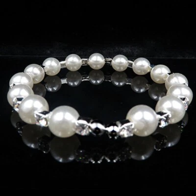 Pretty New Silver Fashion Jewelry White Pearl & Crystal Memory Wire Bracelet - Image 1 of 4