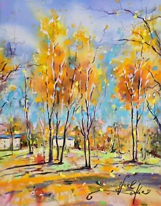Original Mixed Media Painting Aspens Trees Art Colorado Landscape 12" by 9.5" - Picture 1 of 5