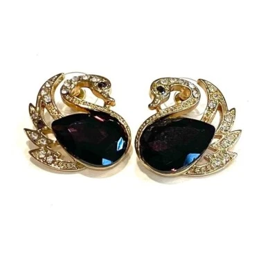 Large Swans Purple Amethyst & Crystals 14k Gold Filled 23mm Post Earrings - Image 1 of 2