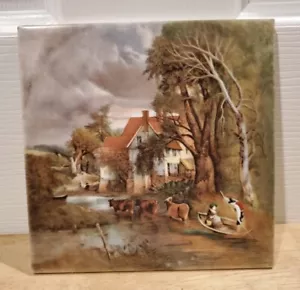 Azulejos de cerámica vintage de vacas y barco H&R Johnson 6x6 de Inglaterra - Imagen 1 de 5