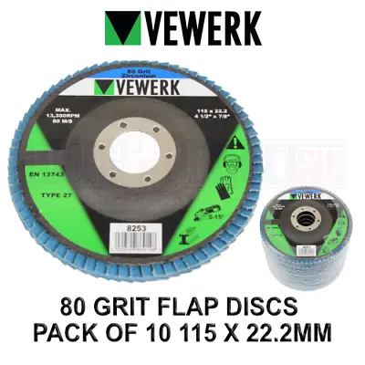VEWERK 115 X 22.2mm Type 27 Flap Discs 80 Grit Zirconium - Pack Of 10 8253 • 10.50£