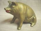 VERY OLD CAST IRON SMILING PIGGY BANK Painted Gold w/ Red Mouth