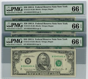 FR. 2121-B $50 1981A 3 Consecutive Federal Reserve Notes 66 EPQ PMG DC-2490 - Picture 1 of 2