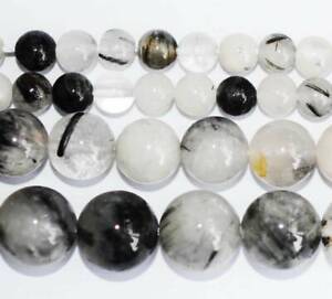 Round Natural Black Rutilated Quartz Gemstone Beads 15" Hand Making DIY Jeweller