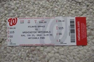 WASHINGTON NATIONALS VS BRAVES 6/22/2014 FULL TICKET~ ERVIN SANTANA 9Ks - Picture 1 of 1