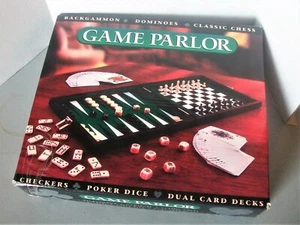 Game Parlor Six Games in Box Snap Closure Two Card Decks Dominos - Bild 1 von 6