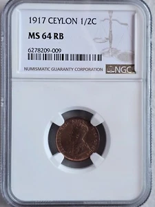 Ceylon 1/2 Cent 1917 NGC MS 64 RB - Picture 1 of 2