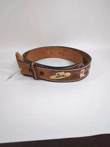 Vintage Brown Leather Belt Tooled Hand Painted Western Eagle Mountains 34 Boho - Picture 1 of 7