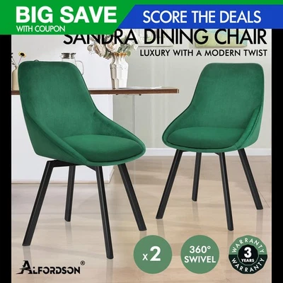 ALFORDSON 2x Dining Chairs Accent Kitchen Swivel Lounge Padded Seat Velvet Green - image 1 of 4