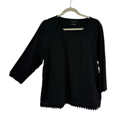 Camiseta Talbots XL bainha de renda preta sólida algodão manga 3/4 gola redonda pulôver - Imagem 1 de 4
