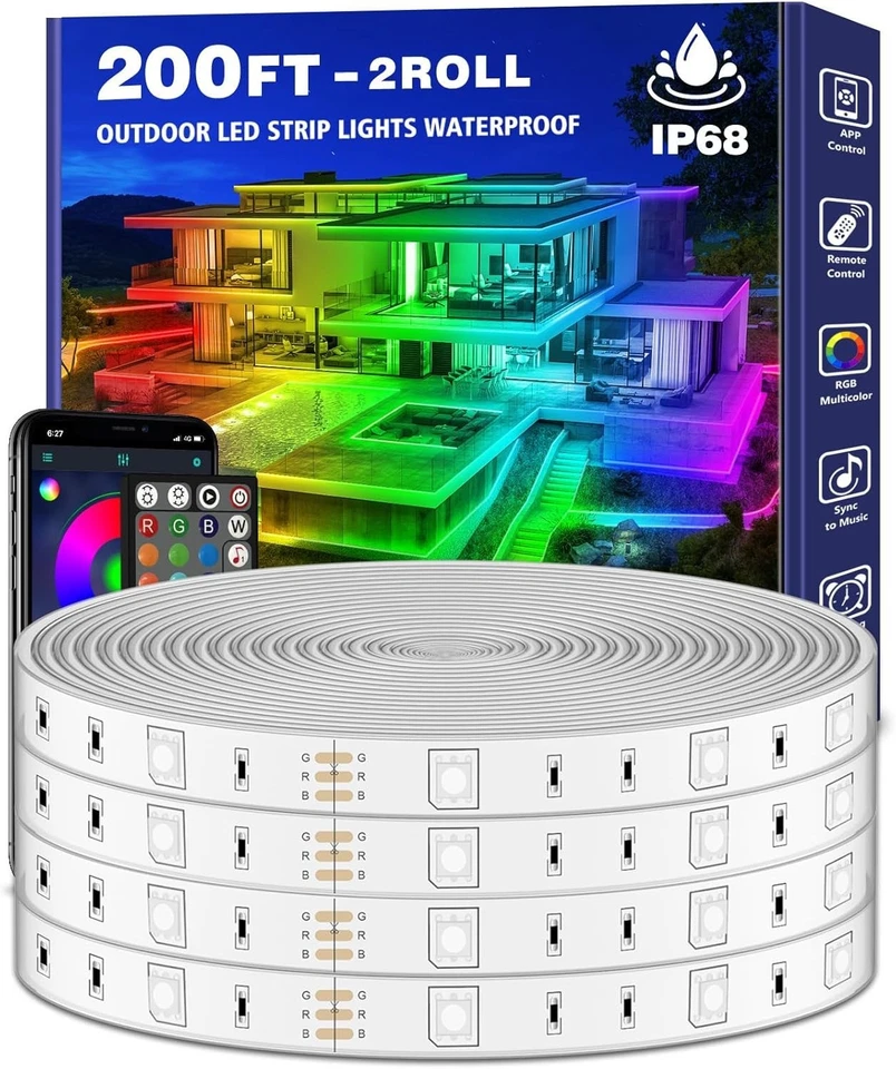 200ft Outdoor RGB LED Strip Lights Waterproof IP68, Music Sync, App & Remote Con - Image 1 of 4
