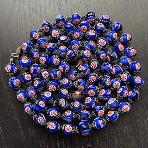 Vintage 38”L Italian Venetian Millefiori Blue Art Glass Beaded Bead Necklace WOW - Picture 1 of 12