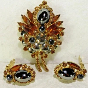 VTG AWESOME JULIANA D&E DK TOPAZ RS HEMATITE LEAF BROOCH PIN EARRING SET BK SET - Picture 1 of 7