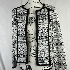 Chicos Jacket Small Azrec Geometric Print Onyx Black Ivory White Full Front Zip - Picture 1 of 14