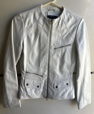 Chaqueta ARDEN Blanca 100% Cuero Cremallera Frontal Bolsillos a Presión Forro Satinado Talla Pequeña Foto 1 de 4