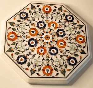 Marble Coffee Table Top Floral Inlay Handmade Stone Octagon Apx. 25 Inches VTG - Picture 1 of 11