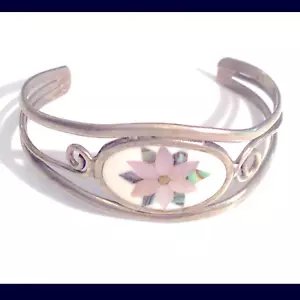 VTG Mexican Silver CUFF BRACELET Flower Floral Abaone Shell Mother of Pearl 6” - Picture 1 of 8