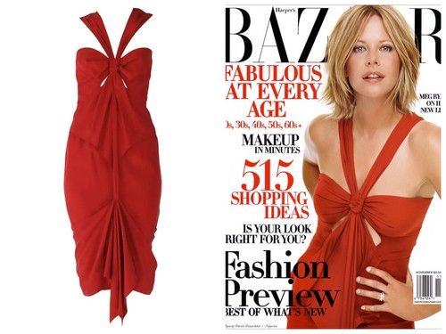SAINT LAURENT (YSL) Abito F W 2003 Tom Ford per Yves Saint Laurent Seta Rossa visto sulla copertina del Bazar