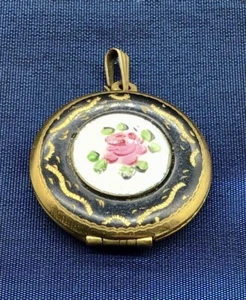 Vintage Guilloche Enamel Brass Photo Locket White With A Pink Rose - Picture 1 of 5