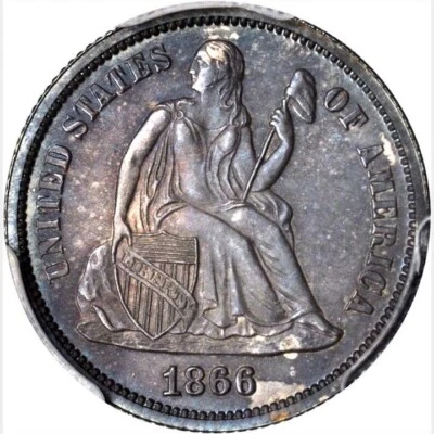 Moneda de diez centavos de plata sentada con fecha clave PR66 1866 PCGS 10c Foto 1 de 3