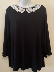 TU Size 16 Black stretchy 3/4 sleeve Loose style Top/White lace Collar - Picture 1 of 10