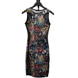 PunkyFish Multicoloured Cartoon Print Bodycon Sleeveless Dress Size 8 - Picture 1 of 7