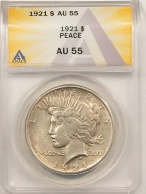 1921 $1 PEACE DOLLAR - ANACS AU-55, NICE ORIGINAL! - Image 1 of 3