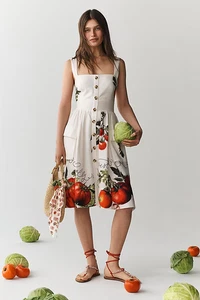 Neu Anthropologie Maeve Fit & Flare Tomaten-Midikleid mit Knopfleiste elfenbeinfarben XSP neu mit Etikett - Bild 1 von 5