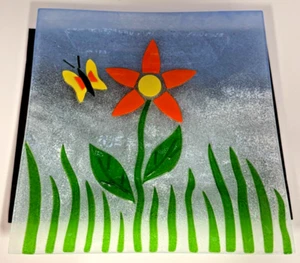 Decorative Fused / Applied Glass Plate- Square-Bright Beautiful Spring Design - Picture 1 of 6