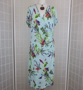 Joe Browns Faux Wrap Dress Size 18 Pale Mint Green Floral Bird Print Cap Sleeves - Picture 1 of 15