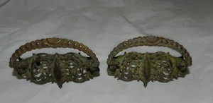 Pair Vtg Drawer Pulls 1900's Brass Colored Ornate Fancy 3 " x 3.75" Drop Handles - Picture 1 of 6