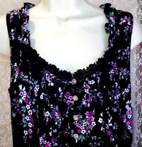 Eileen West Sz S Modal Knit Nightgown Short Sleeveless Gown Black w/Pink Floral - Picture 1 of 8