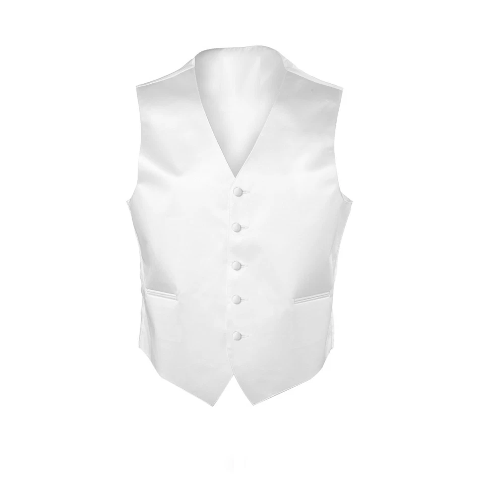 New Mens White Satin Tuxedo Vest Bow Tie Real Pockets Best Quality - Image 1 of 1