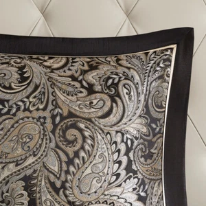 BLACK SILVER 12pc Cal King XXL COMFORTER + SHEET SET: JACQUARD GOLD PAISLEY - Picture 1 of 14