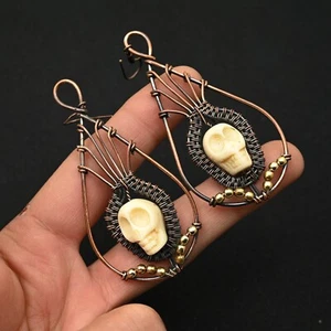 Skull Minimalist Copper Wire Wrap Handmade Dangle Drop Earring Jewelry Gift For - Picture 1 of 4