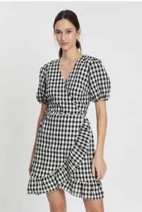 Aere Linen Gingham Frill Wrap Dress Sz 12 BNWOT - Picture 1 of 9