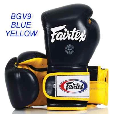 FAIRTEX MUAY THAI KICK BOXING MMA GLOVES BGV9 BLUE YELLOW PRO TRAINING MEXICAN - Image 1 of 4