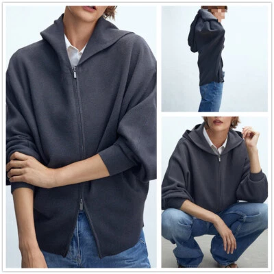 Massimo Dutti Women's Zipper Knit Hoodie Fleece Coat - Image 1 of 4