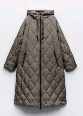 Zara Long Puffer Jacket Khaki Size S 3046/229 - Image 1 of 4