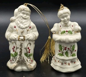 Vintage Lenox Mr & Mrs Weihnachtsmann Weihnachtsschmuck Stechpalme Elfenbein Goldrand... - Bild 1 von 12