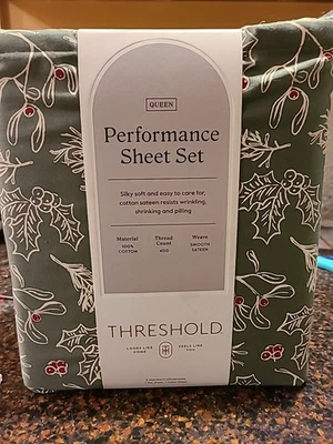 Juego de sábanas de vacaciones Queen 400 hilos rendimiento acebo verde - umbral Foto 1 de 4