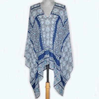 Poncho Jill Kimono Top Transparente Talla Única Floral Azul Paisley Floral Cuello en V Boho Foto 1 de 4
