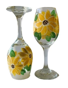 Hand Painted Sunflower Wine Glasses Set of 2 Signed  | Cottagecoe Rustic Floral - Picture 1 of 5