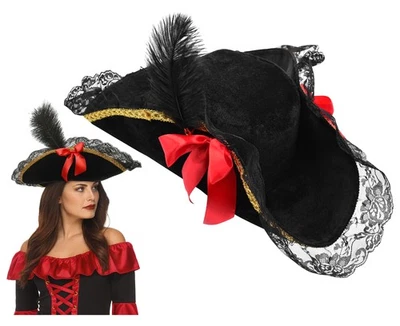 Mujer De Lujo Bucaneros Pirata Sombrero Negro Bicornio Con Pluma Gorra Disfraz Foto 1 de 4