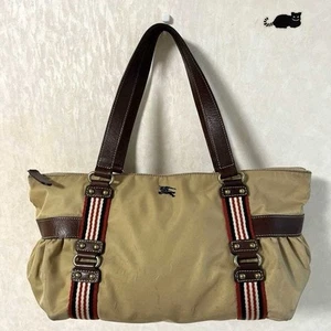Burberry Blue Label Tote Bag Horse Logo Stripe Nylon Leather Casual Used Japan - Picture 1 of 16